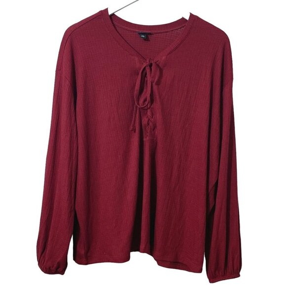TORRID Womens Plus Size Top 1X Textured Jersey Lace-Up Long Sleeve Tee Burgundy - Picture 1 of 10
